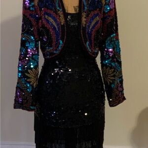 Vintage Lillie Ruben Shimmering Black Sequin Gown with Multi Color Sequin Jacket